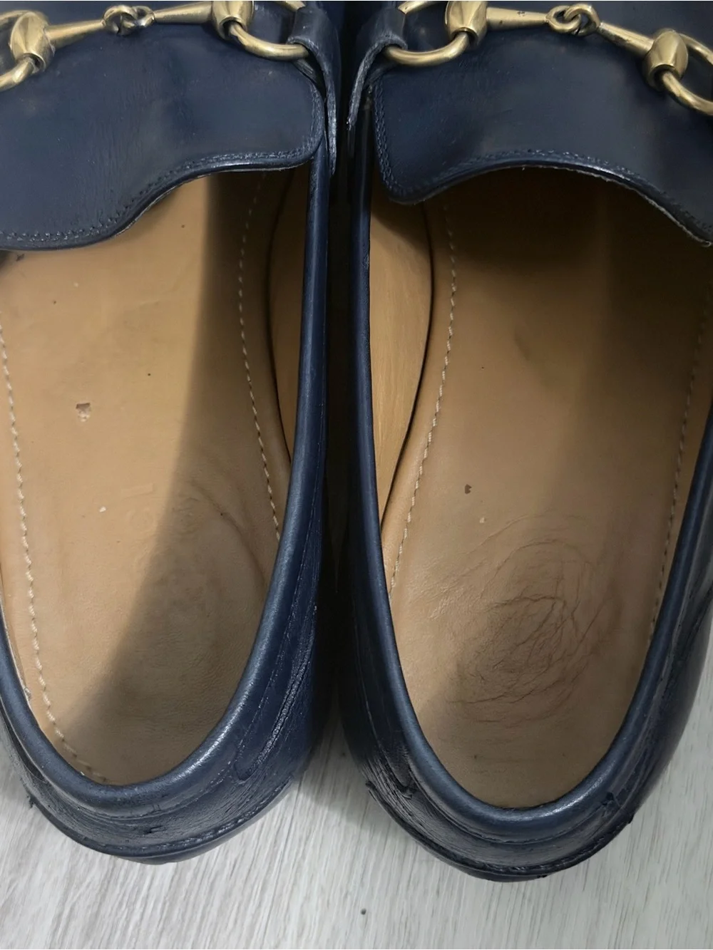 Gucci Jordaan Loafers Blue Leather Horse Bit Slip On 406994 Men 8 fits 10US Rare